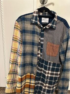 Men's Mixed Plaid Patchwork Button-Down Shirt in Blue, Yellow, Brown
